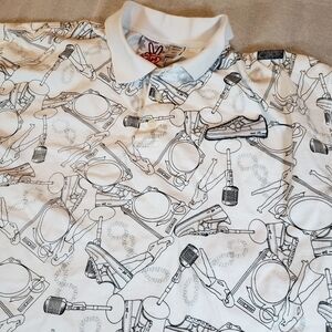 Vintage Streetwear Men's 3XL Polo Shirt  DJ Turntable Microphone Sneakers Flaws